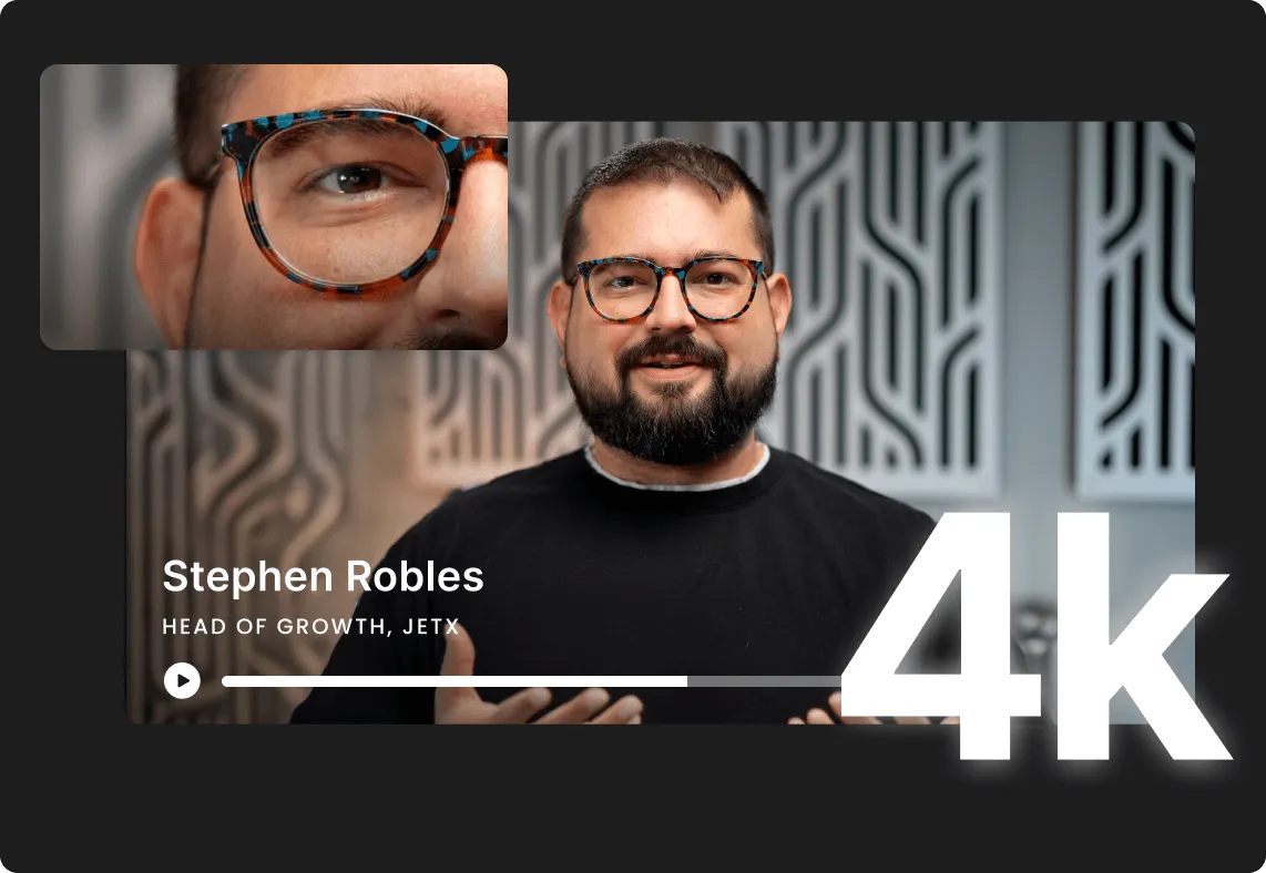 Man with glasses and beard speaking in a video player interface labeled Stephen Robles, Head of Growth at Jetx, with a 4k quality icon.